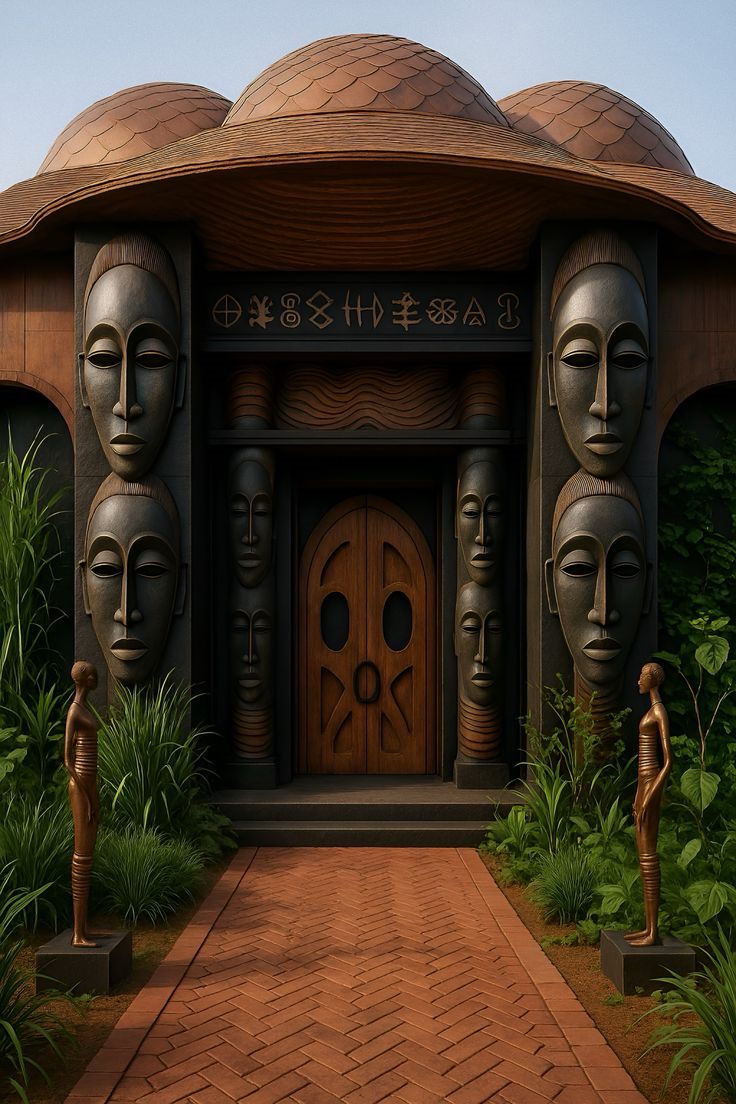 Carved African masks framing the entrance of a heritage building