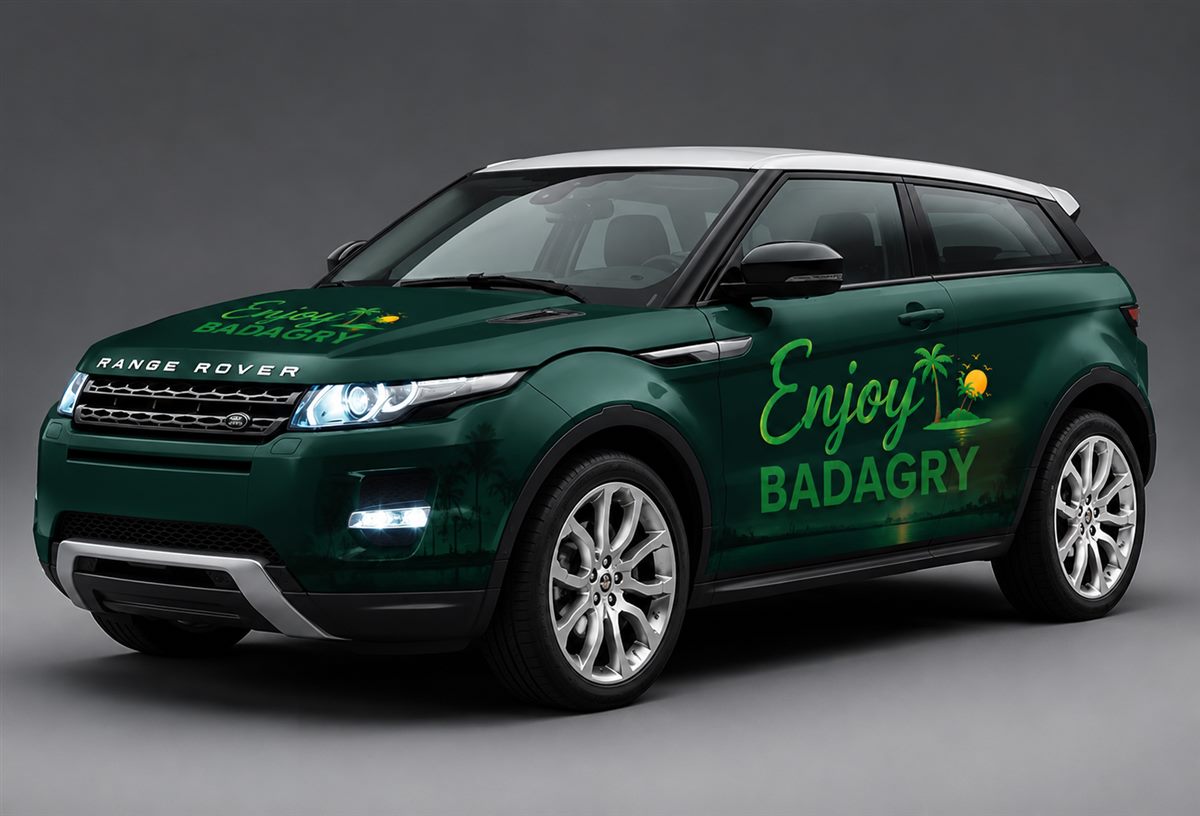 An Enjoy Badagry branded vehicle in deep green with the palm-island logo