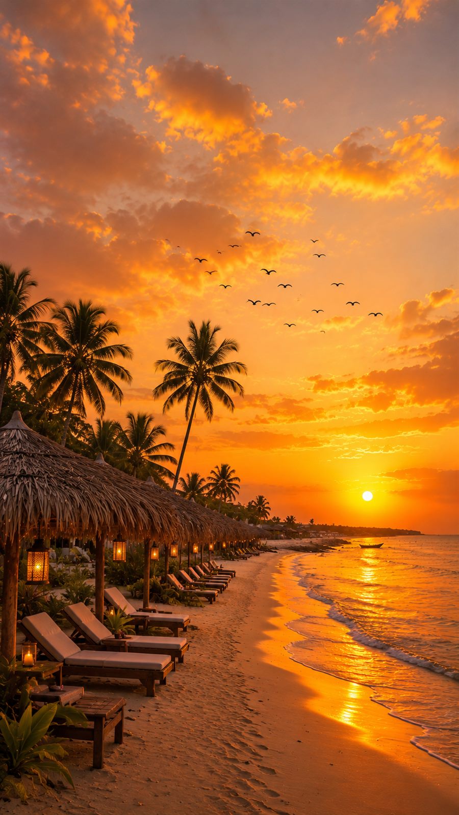 Orange sunset reflected on a calm lagoon shoreline
